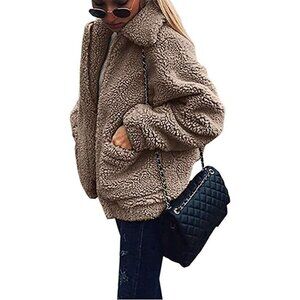 👑Women's Classic Camel Casual Fleece Zipper Oversized Outwear Coat Warm Jacket